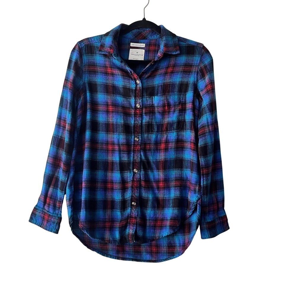 American Eagle Flannel Shirt Womens Blue Red Plaid Boyfriend Fit XS